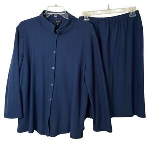 Eileen Fisher 2-Piece Skirt Shirt Set 100% Wool Set Womens Lg Blue Button Down
